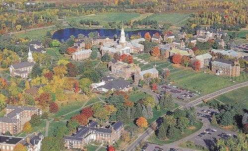 Aerial view of Colby College in Waterville, Maine. Colby is strikingly similar to the University of New Brunswick campus in Fredericton as they were largely designed by the same architect.